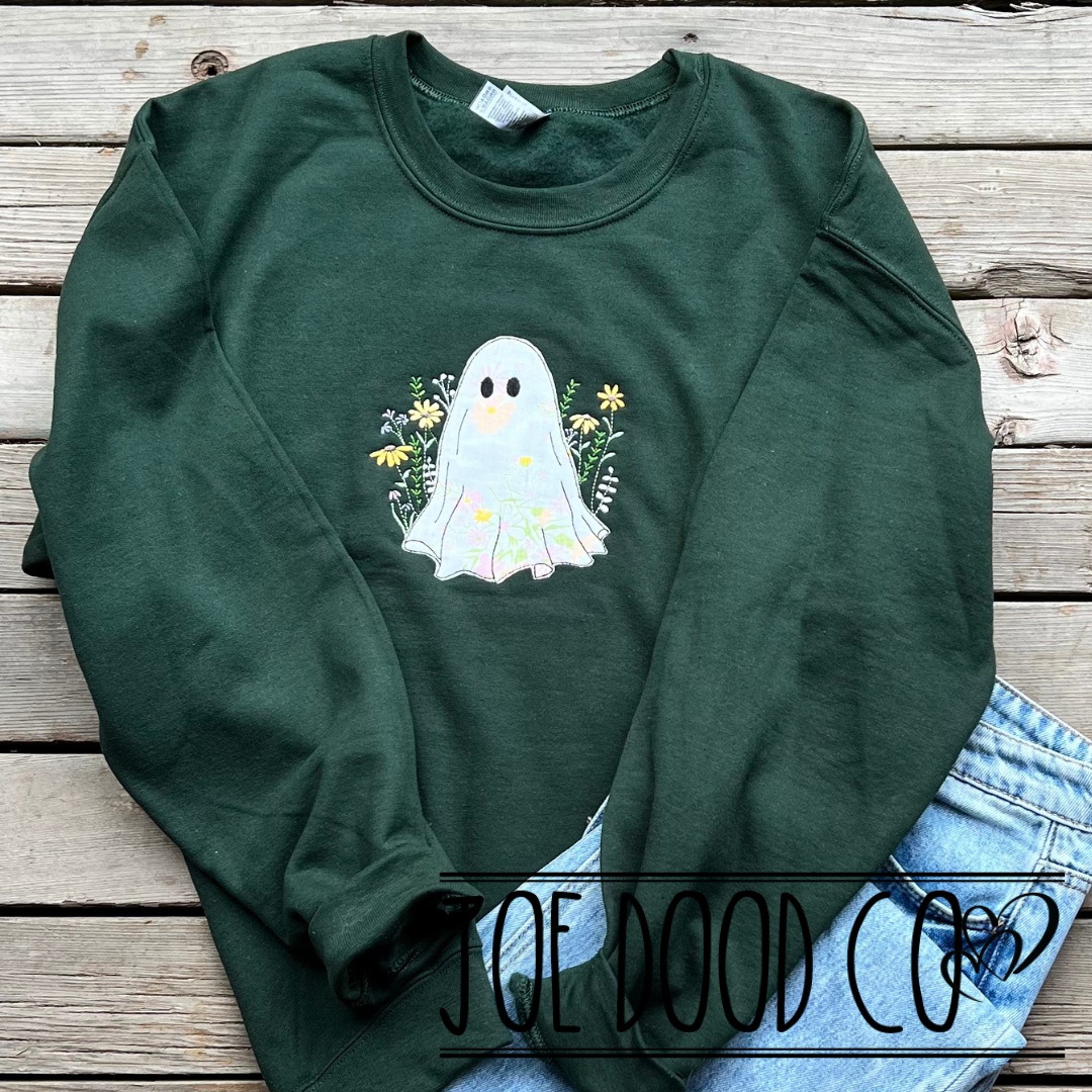 Vintage Floral Applique Ghost with Wildflowers Embroidered Crewneck